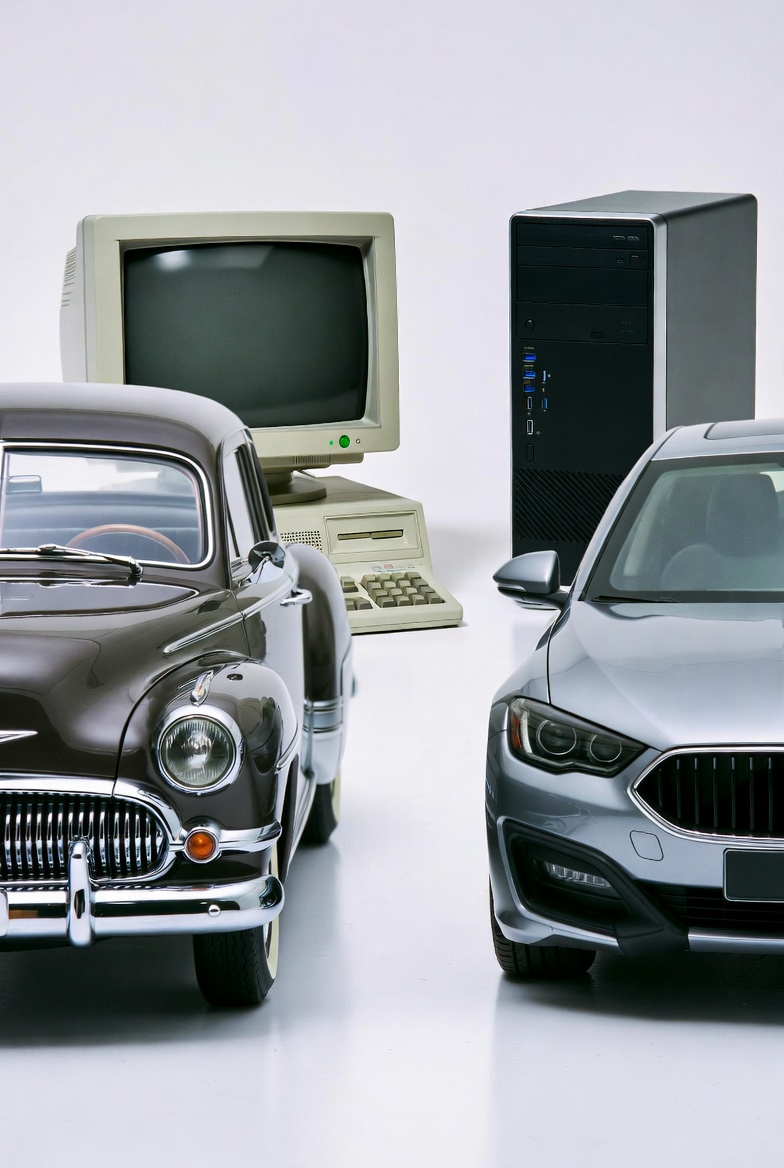 Old meets new — vintage car and computer alongside modern counterparts